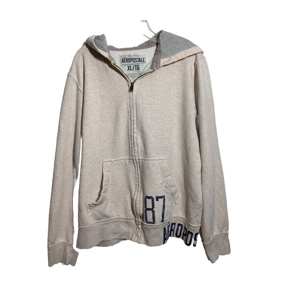 Men's Aeropostale 1987 NY ATH. Dept. Size XL Zip Up Hoodie Rare  VTG Cream - Picture 1 of 15